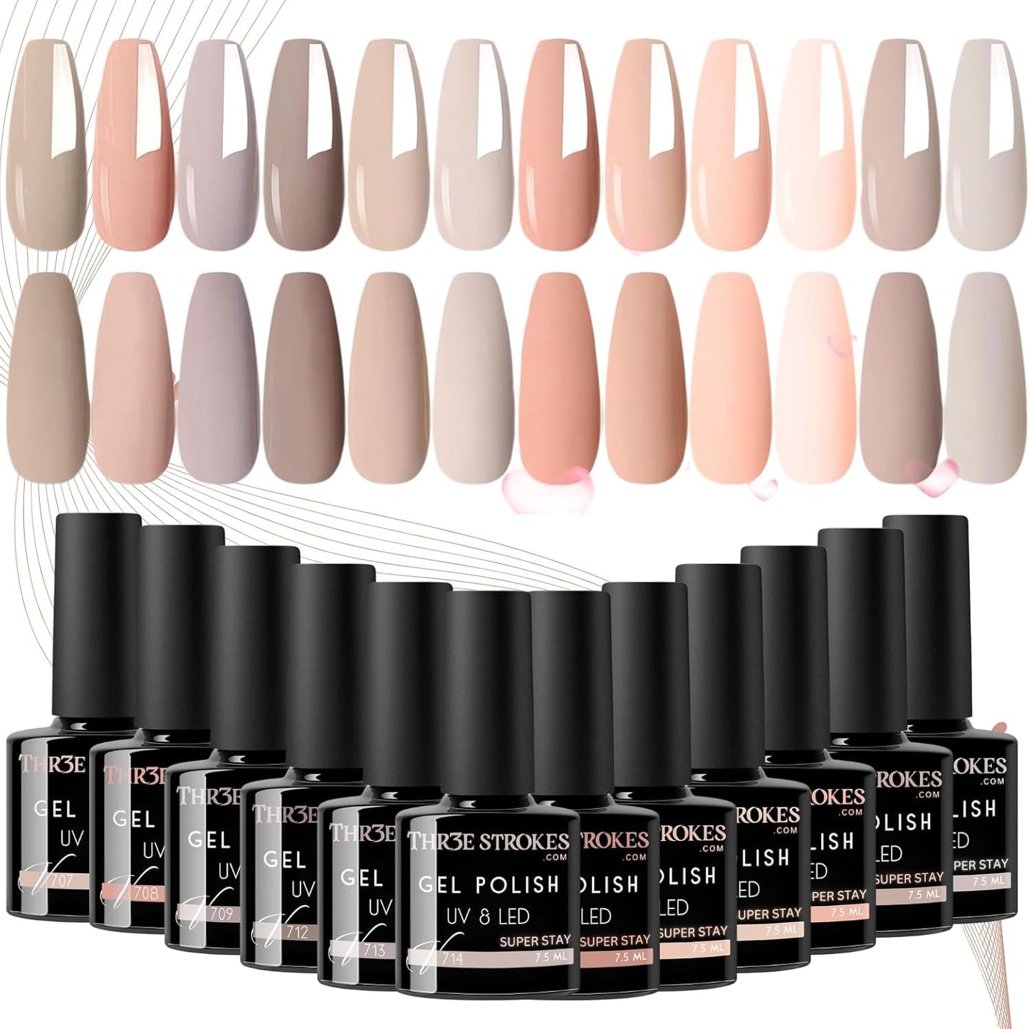 NP260 THR3E STROKES Gel Nail Polish Set - 12 Pcs 7.5ml Nude Light Pink All Seasons Skin Tones Neutral Pink Brown Gel Polish Kit, Soak Off UV LED Gel Polish Set Nail Art Salon Manicure DIY Gifts (V SERIES)