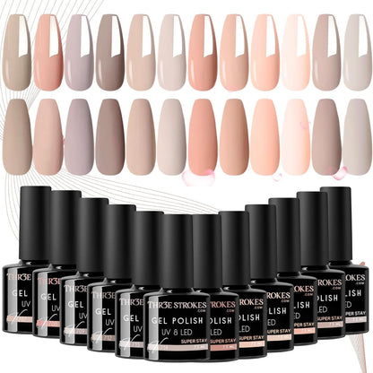 NP260 THR3E STROKES Gel Nail Polish Set - 12 Pcs 7.5ml Nude Light Pink All Seasons Skin Tones Neutral Pink Brown Gel Polish Kit, Soak Off UV LED Gel Polish Set Nail Art Salon Manicure DIY Gifts (V SERIES)