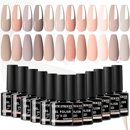 NP17 THR3E STROKES Gel Nail Polish Set - 12 Pcs 7.5ml Nude Light Pink All Seasons Skin Tones Neutral Pink Brown Gel Polish Kit, Soak Off UV LED Gel Polish Set Nail Art Salon Manicure DIY Gifts