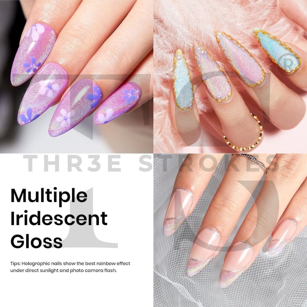 NP29 THR3E STROKES Rainbow Cat Eye Gel Nail Polish, 7.5ml Holographic 9D Sparkly Glitter Spring Gel Polish, Soak Off UV/LED Manicure Nail Art Designs, Flakie Finish