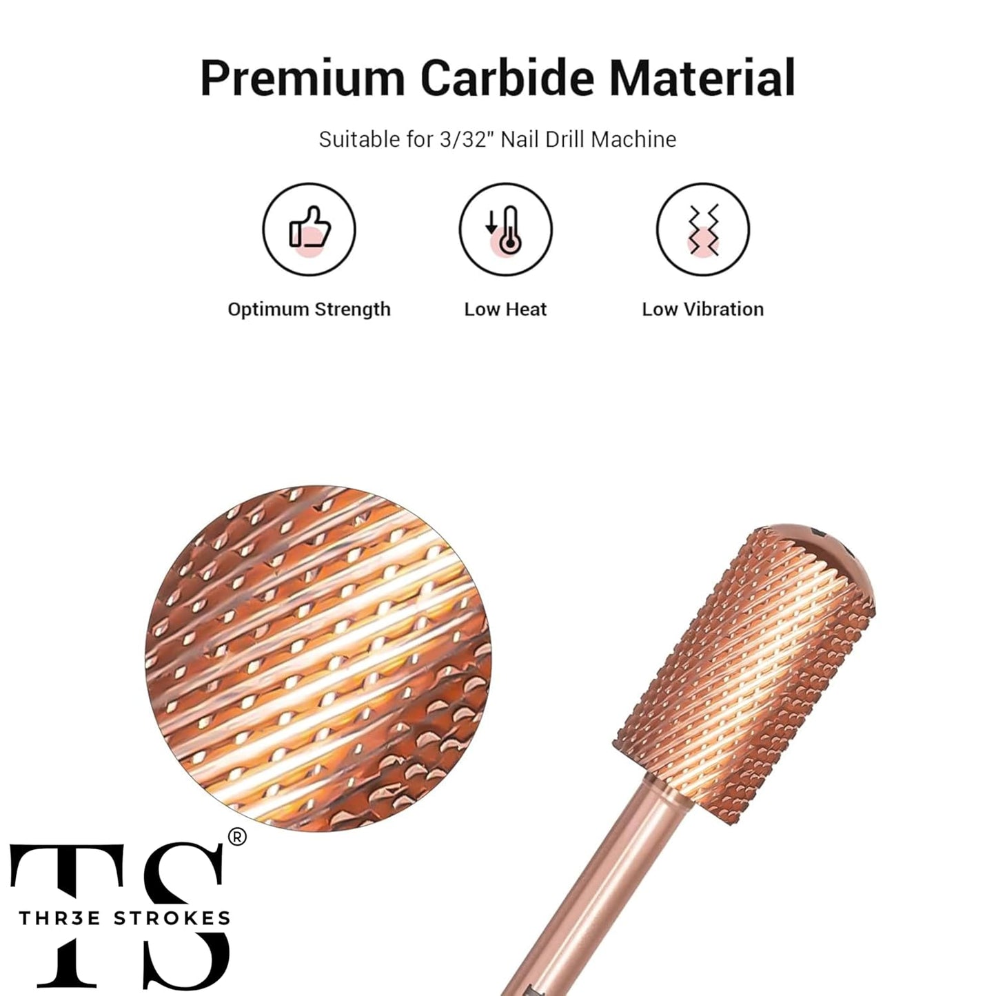 GV66 THR3E STROKES Nail Drill Bits, 3/32'' Smooth Round Top Large Barrel Carbide Bits, Suitable for Manicure Pedicure Cuticle Gel Polishing, Beginners Bits, Rose Gold, Series Bit (Medium-M, ROSE GOLD)