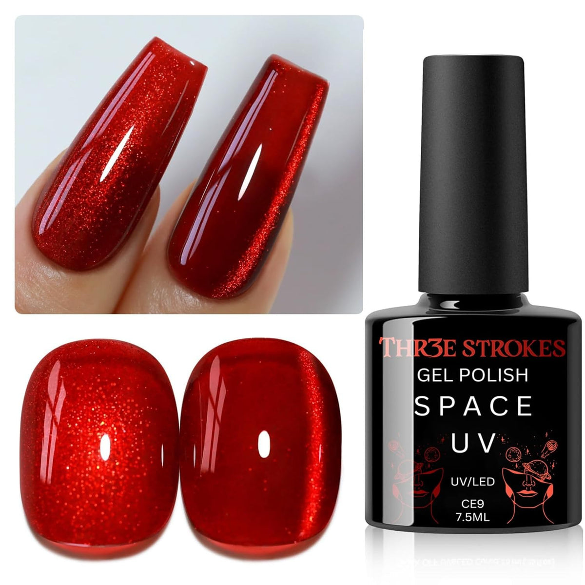 GV143 THR3E STROKES 9D Glitter Cat Eye Gel Magnetic Nail Polish Gel Art Manicure DIY at Home Soak Off UV Gel 7.5ML (CE9, 7.5ML)