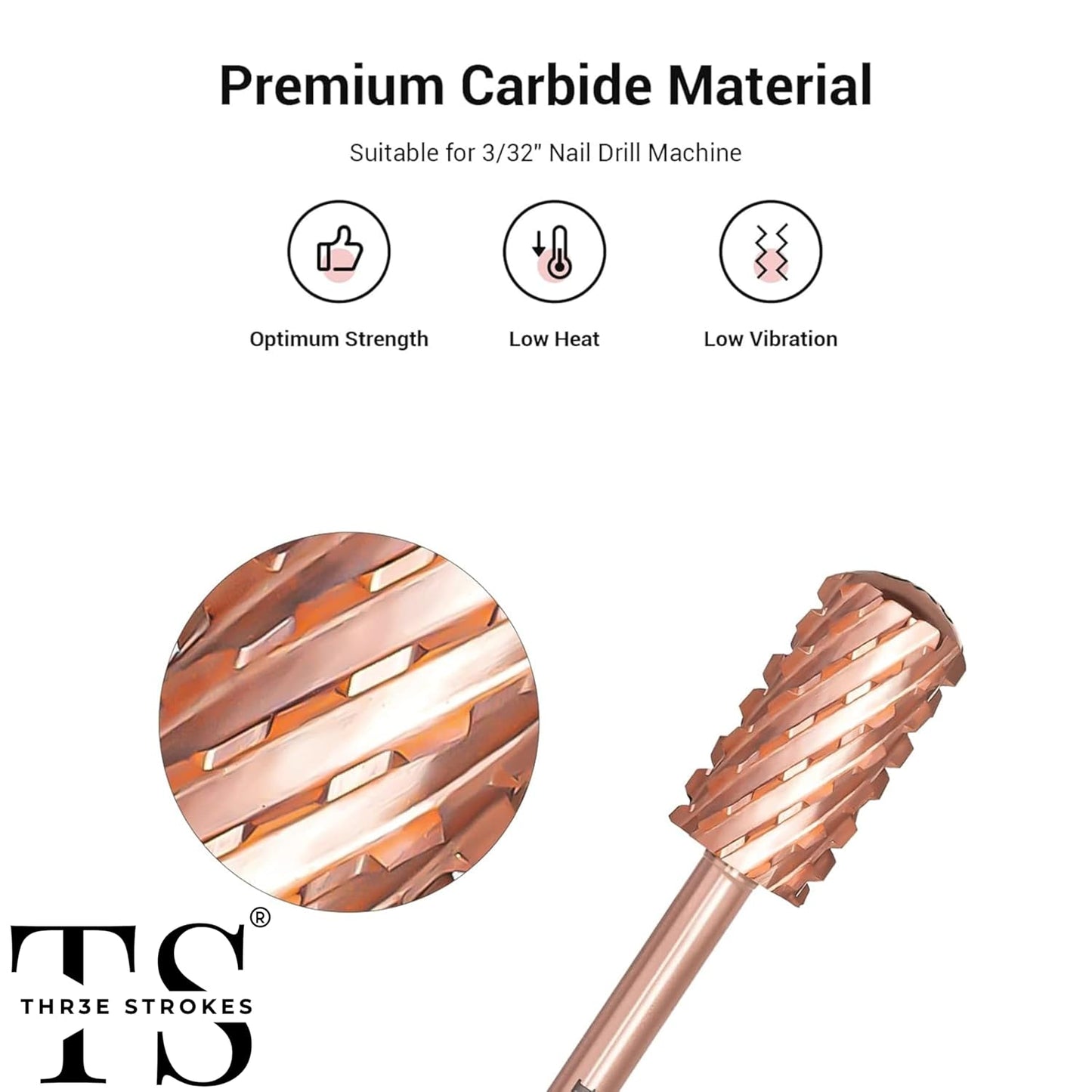 GV72 THR3E STROKES Nail Drill Bits, 3/32'' Smooth Round Top Large Barrel Carbide Bits, Suitable for Manicure Pedicure Cuticle Gel Polishing, Beginners Bits, Rose Gold, Series Bit (Triple Coarse-3XC, ROSE GOLD)