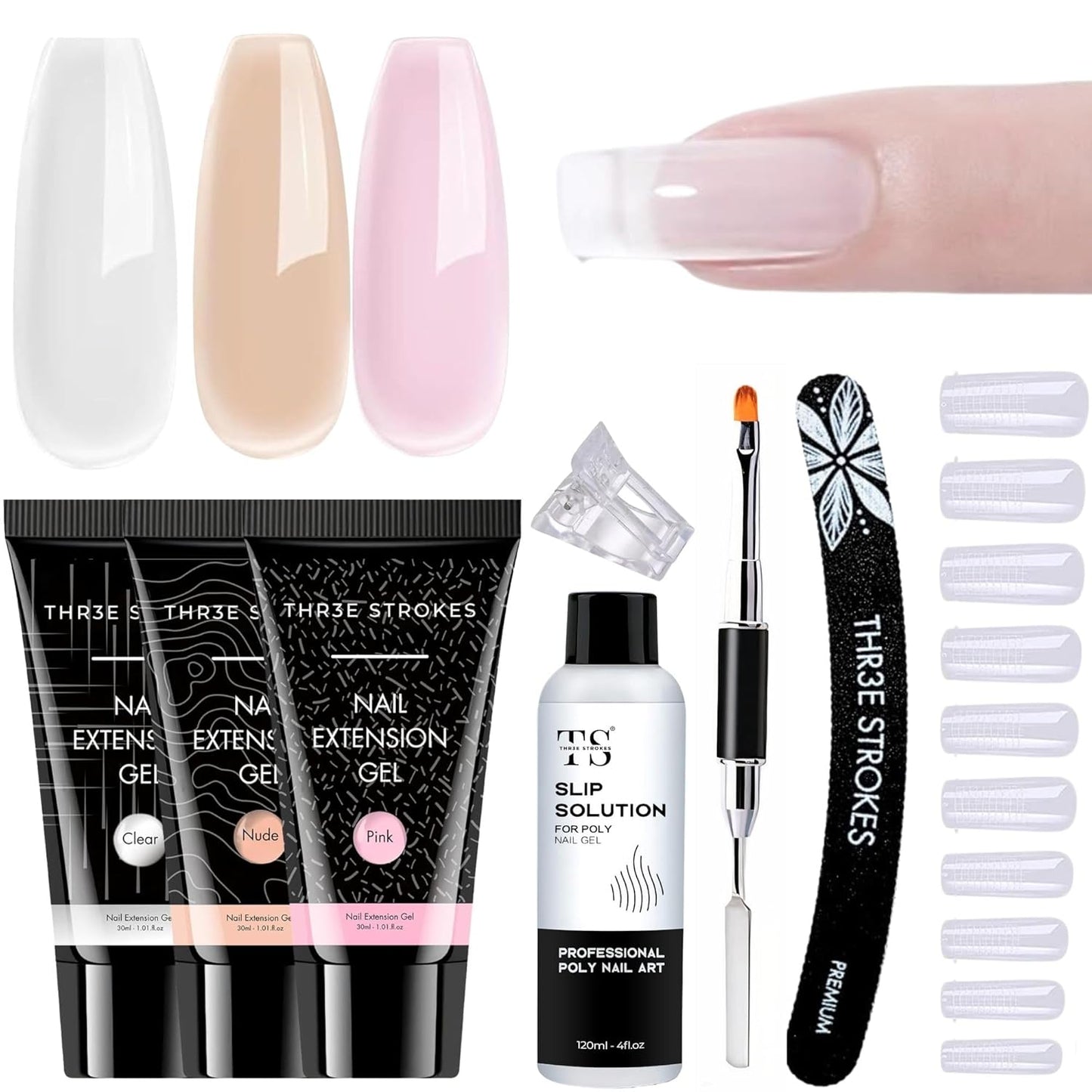NP72 THR3E STROKES Poly Extension Gel Nail Kit, Clear Nude Pink Builder Nail Gel Kit With Slip Solution Dual Nail forms, Nail Clips for Poly Gel, Nail Starter Kit, Home Manicure Set (EMERALD KIT)