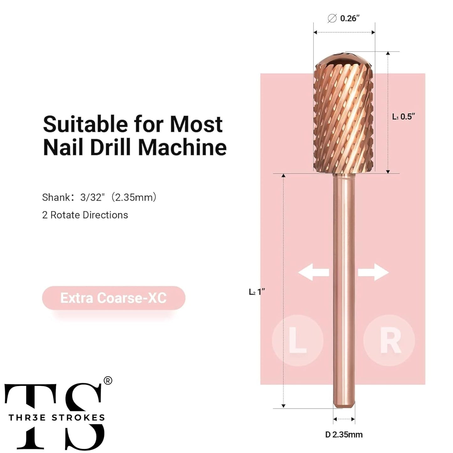 GV68 THR3E STROKES Nail Drill Bits, 3/32'' Smooth Round Top Large Barrel Carbide Bits, Suitable for Manicure Pedicure Cuticle Gel Polishing, Beginners Bits, Rose Gold, Series Bit (Extra Coarse-XC, ROSE GOLD)
