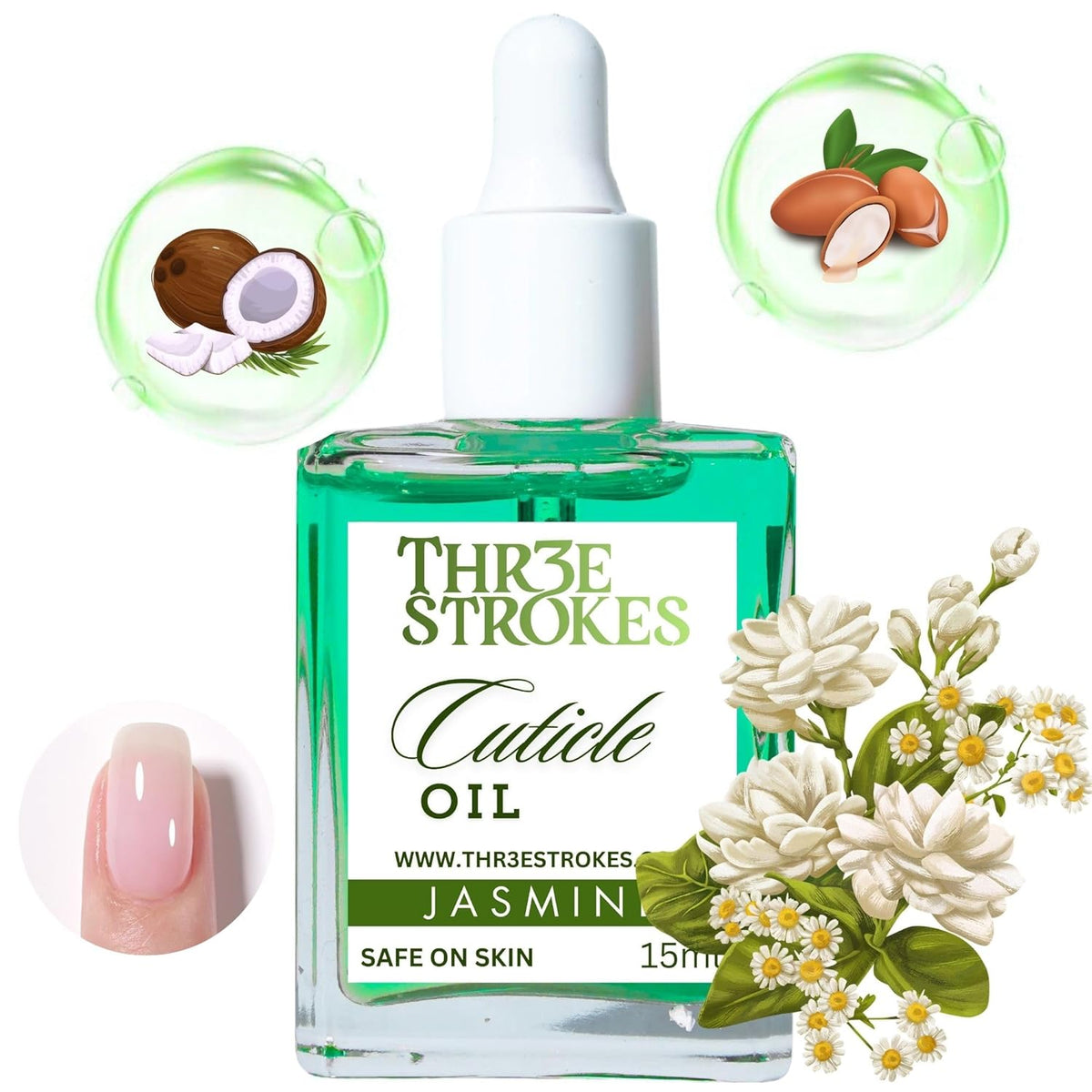 GV81 THR3E STROKES Naturale Revitalizing Cuticle Oil - Hydrating Oil For Repaired Cuticles Overnight - Remedy For Damaged Skin And Thin Nails - Paraben/Cruelty-Free Formula 15ML (JASMINE)