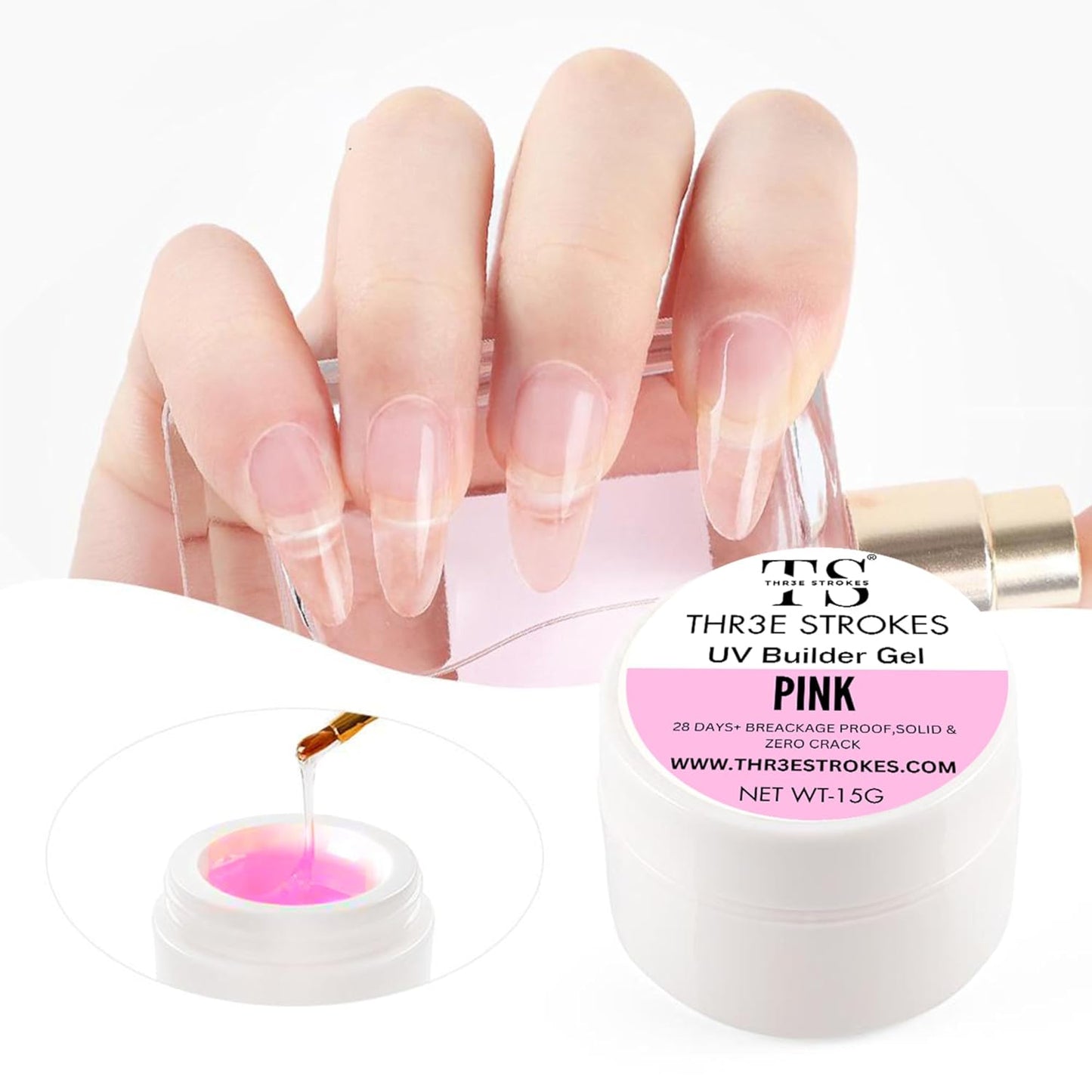 NP296 THR3E STROKES Builder Nail Gel, Gel Builder 15ml for Nails, Hard Gel Builder Nail Strengthener Extension Gel Nail Polish Rhinestone False Nail Tips Glue Gel in a Bottle (PINK)