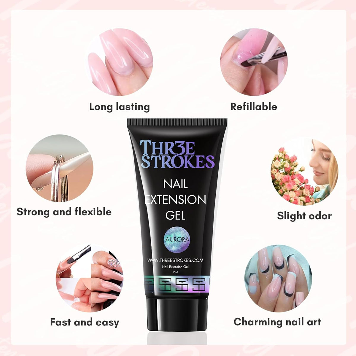 GV89 THR3E STROKES Poly Nail Gel 15ML Gel Builder for Nails, Glitter Clear, Gel Nail Extension,Nail Strengthener Hard Gel Color Gel Multifunctional Long-Lasting and Easy to Use for DIY Salon Quality (AURORA)