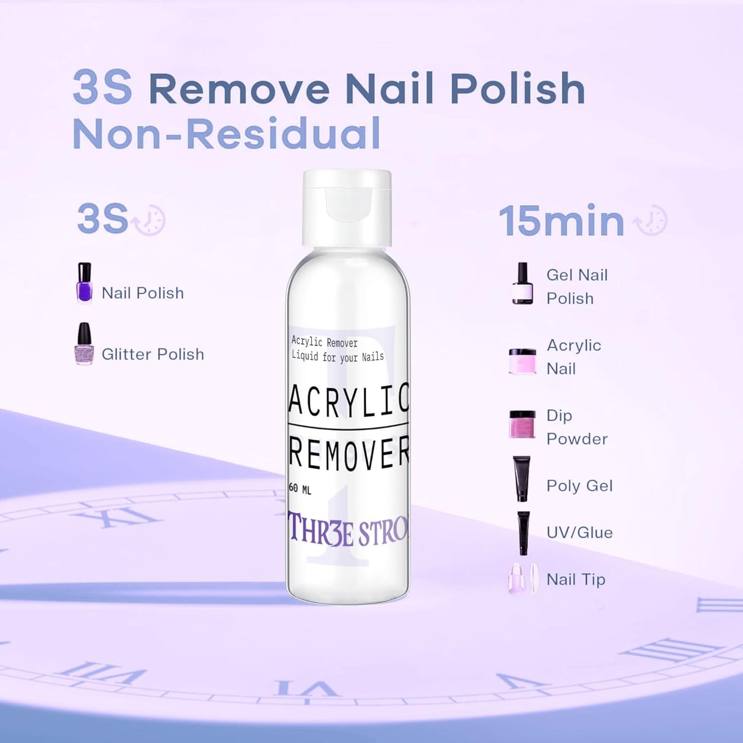 NP58 THR3E STROKES Acrylic Nail Polish Remover | Gentle Formula for Acrylic, Dip Powder & Gel Nail Removal | Large Volume Manicure Tool 60ML