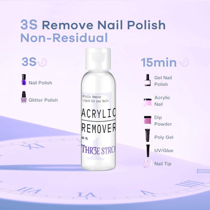 NP58 THR3E STROKES Acrylic Nail Polish Remover | Gentle Formula for Acrylic, Dip Powder & Gel Nail Removal | Large Volume Manicure Tool 60ML