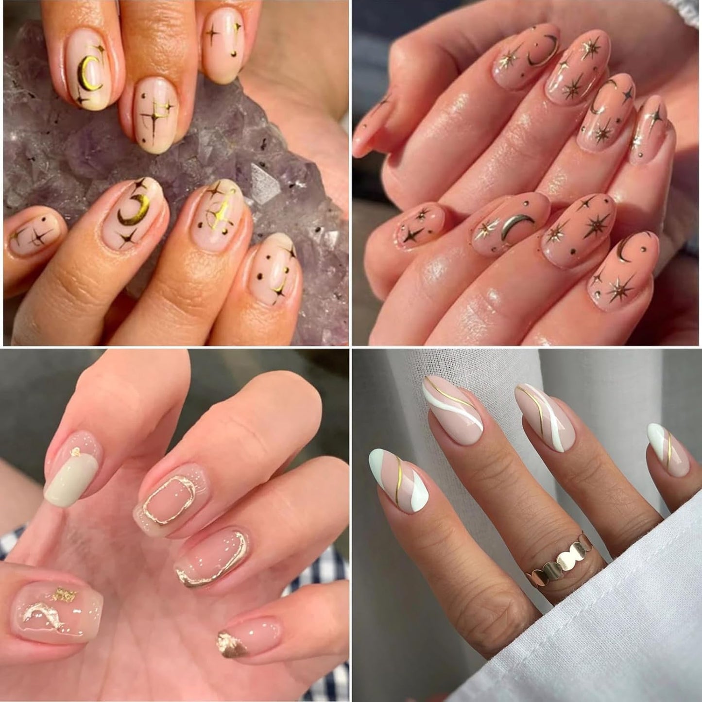 GV102 THR3E STROKES 30 Sheets Gold Nail Art Stickers 3D Self-Adhesive Nail Decals Gold Line Star Nail Stickers for Acrylic Nails Gold Leaf Diamond Nail Supplies for Women