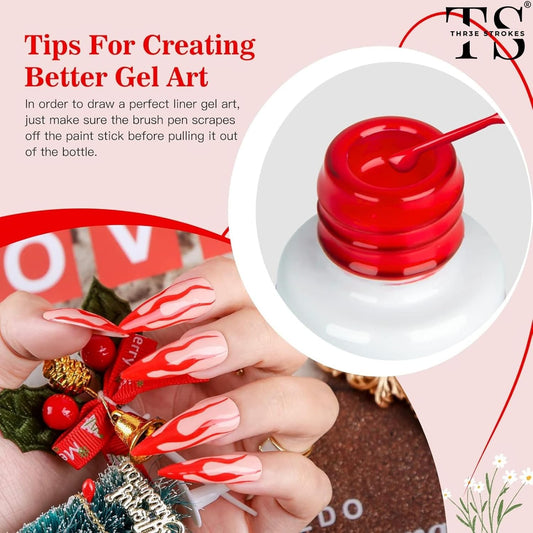 NP56 THR3E STROKES Gel Polish Red Gel Liner Gel Polish Nail Art Liner Red 1 pcs 8ml Classic Red Gel Nail Polish Art Paint for Nails Built Soak Off Uv Manicure Salon DIY at Home Nail Design Polish Gifts for Girl (Red)