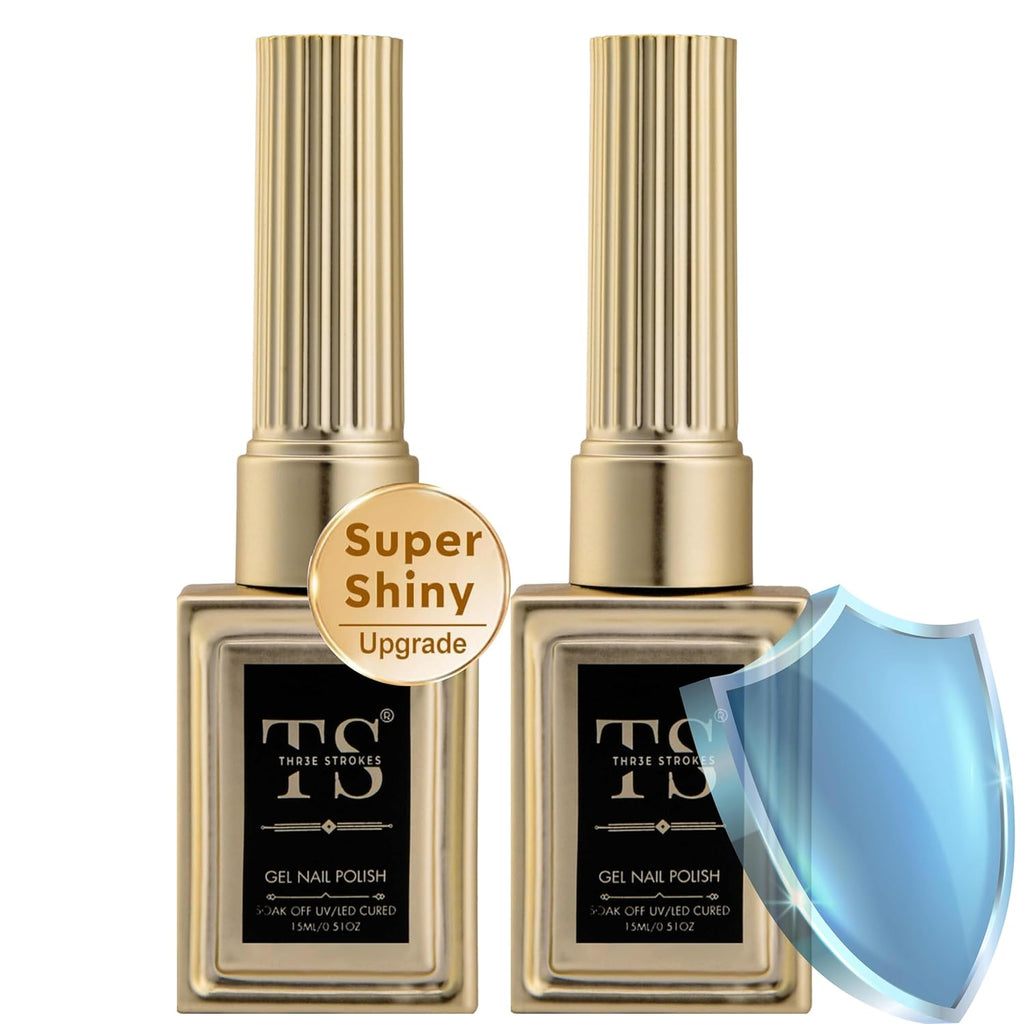 GV85 THR3E STROKES No-Wipe Top Coat and Base Coat Gel Set HEMA-FREE - Shine Finish Long Lasting, Soak-Off UV/LED Nail Lamp Cured Gel Base Top & Base Coat 15ml/each (Combo Pack) Nail Art Design Manicure Gifts for Women (GOLDEN SERIES)