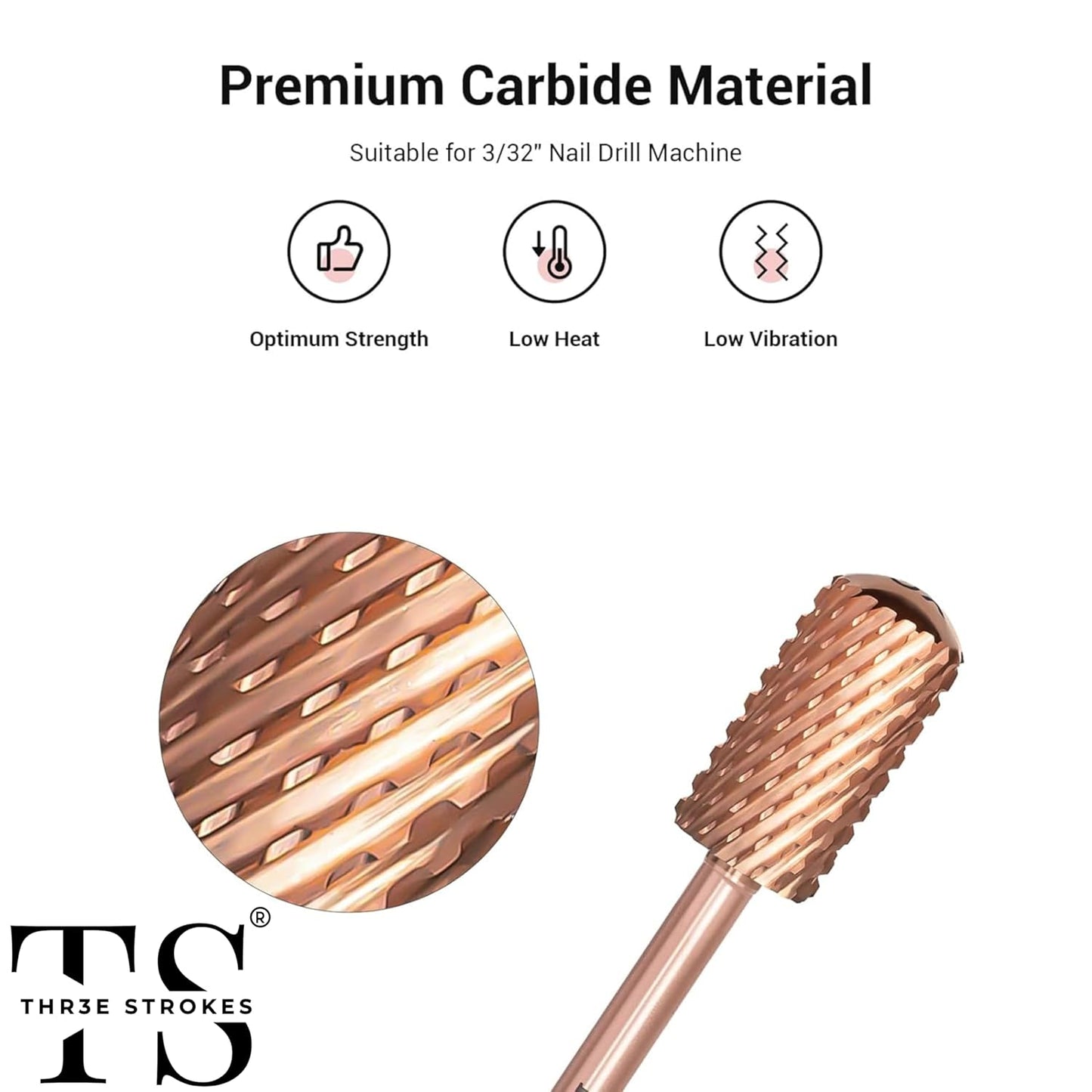 GV68 THR3E STROKES Nail Drill Bits, 3/32'' Smooth Round Top Large Barrel Carbide Bits, Suitable for Manicure Pedicure Cuticle Gel Polishing, Beginners Bits, Rose Gold, Series Bit (Extra Coarse-XC, ROSE GOLD)