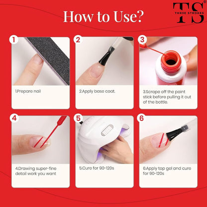 GV111 THR3E STROKES Gel Polish Red Gel Liner Gel Polish Nail Art Liner Red 1 pcs 8ml Classic Red Gel Nail Polish Art Paint for Nails Built Soak Off Uv Manicure Salon DIY at Home Nail Design Polish Gifts for Girl (Red)