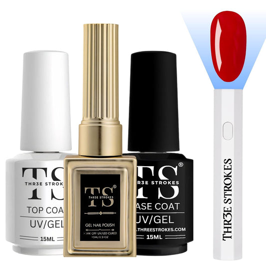 NP58 THR3E STROKES Professional UV Gel Nail Polish Hema-Free 3Pcs 15ml Red Gel Polish No.45, Top Coat, Base Coat, UV Nail Dryer, Lasts Upto 28 Days, Super Glossy Finish, Non-Chipping, Non-Smudging, Quick Drying Nail Polish Manicure Set(CTB45)