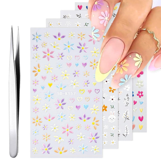 GV92 THR3E STROKES Flower Nail Art Stickers, 5D Embossed Nail Decals Nail Art Design Self Adhesive Nail Supplies with Nail Tweezer, Colorful Flower Nail Stickers for Women Manicure Decoration
