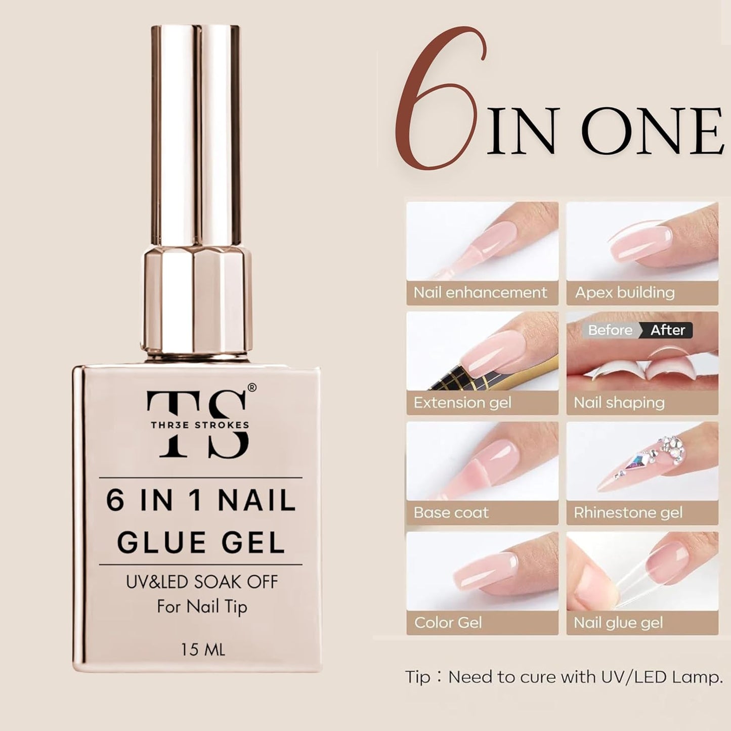 NP45 THR3E STROKES Builder Nail Gel, 6-in-1 Gel Builder 15ml for Nails, Hard Gel Builder Nail Strengthener Extension Gel Nail Polish Rhinestone False Nail Tips Glue Gel in a Bottle (CLEAR)