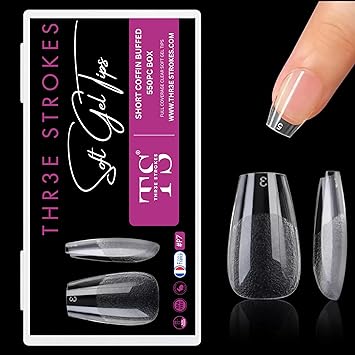 GV281 THR3E STROKES Soft Gel NailTips, Full Cover Clear Soft NailTips for Artificial False Nails Extension Nail Salons DIY NailArt with Box, 550PCS (SHORT COFFIN P7)