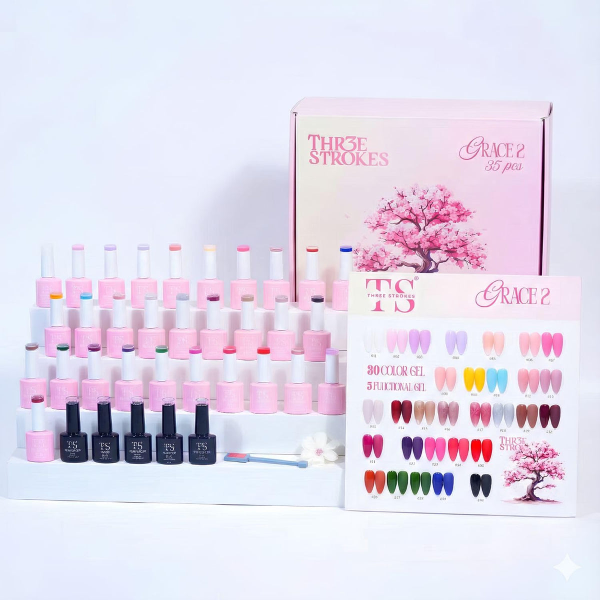 GV871 THREE STROKES Grace 2 Gel Nail Polish Kit – 35 Pcs Set (30 Trendy Colors + 5 Functional Gels) | Includes Base, Top, Matte, Primer & Reinforce Gel | Professional Soak Off UV/LED Nail Art Gift Box with Magnet Stick