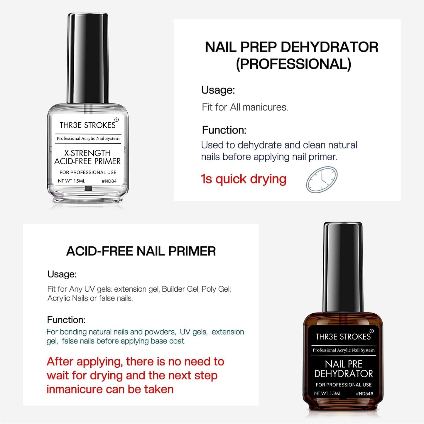 GV1 THR3E STROKES Professional Natural Nail Prep Dehydrate and Acid-Free Primer, Dehydrator for Acrylic and Gel Nail Polish, Non Acid Primer for UV Gels Fast Dry Superior Bonding Agent Gift Box Set