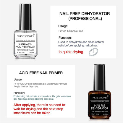 GV1 THR3E STROKES Professional Natural Nail Prep Dehydrate and Acid-Free Primer, Dehydrator for Acrylic and Gel Nail Polish, Non Acid Primer for UV Gels Fast Dry Superior Bonding Agent Gift Box Set