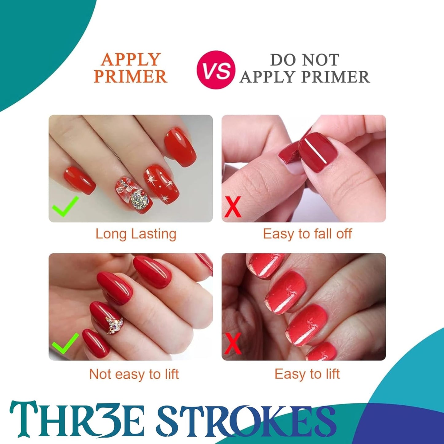 GV1 THR3E STROKES Professional Natural Nail Prep Dehydrate and Acid-Free Primer, Dehydrator for Acrylic and Gel Nail Polish, Non Acid Primer for UV Gels Fast Dry Superior Bonding Agent Gift Box Set