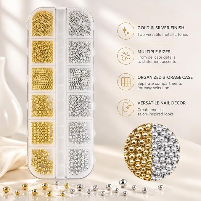 GV1224 12-Grid Gold & Silver Metallic Caviar Micro Beads Set - Clear Storage Organizer Box with 6 Size Grids of Gold & Silver Steel Micro Ball Studs for Gel Polish, Acrylic Nails & 3D Art