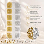GV1224 12-Grid Gold & Silver Metallic Caviar Micro Beads Set - Clear Storage Organizer Box with 6 Size Grids of Gold & Silver Steel Micro Ball Studs for Gel Polish, Acrylic Nails & 3D Art