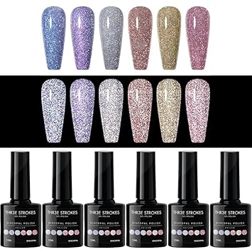 NP24 THR3E STROKES Reflective Glitter Gel Nail Polish Set, 6 Colors Including Pink Red Silver Holographic Gel Kit UV LED Soak Off Nail Polish Home DIY Manicure Salon Varnish (DISCOPAL)