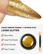 GV837 Bolt Bee Professional Electroplating Nail Powder (#17 Gold) - Metallic Chrome Mirror Effect Pigment Powder with Sponge Applicator for Nail Art