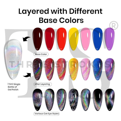 NP29 THR3E STROKES Rainbow Cat Eye Gel Nail Polish, 7.5ml Holographic 9D Sparkly Glitter Spring Gel Polish, Soak Off UV/LED Manicure Nail Art Designs, Flakie Finish