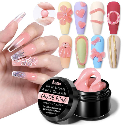 THR3E STROKES Solid Builder Nail Gel,15ML 4 in 1 Nail Extension Gel UV Nail Glue for Acrylic Nails Rhinestones Gel 3D Nail Sculpture Gel 3D Molding Hard Gel for Nails UV/LED Nail Lamp Required (NUDE PINK) (UV/LED LAMP REQUIRED)
