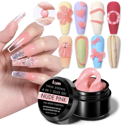 THR3E STROKES Solid Builder Nail Gel,15ML 4 in 1 Nail Extension Gel UV Nail Glue for Acrylic Nails Rhinestones Gel 3D Nail Sculpture Gel 3D Molding Hard Gel for Nails UV/LED Nail Lamp Required (NUDE PINK) (UV/LED LAMP REQUIRED)