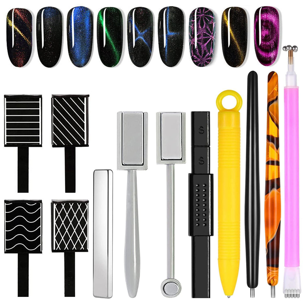 GV119 THR3E STROKES 12pcs Nail Magnet Tool Set Cat Eye Magnet for Nails Gradient Nail Design Magnetic Gel Nail Polish Pen Double Ended Magnet Sticks Nail Art Tools for DIY Salon (SET OF 12)