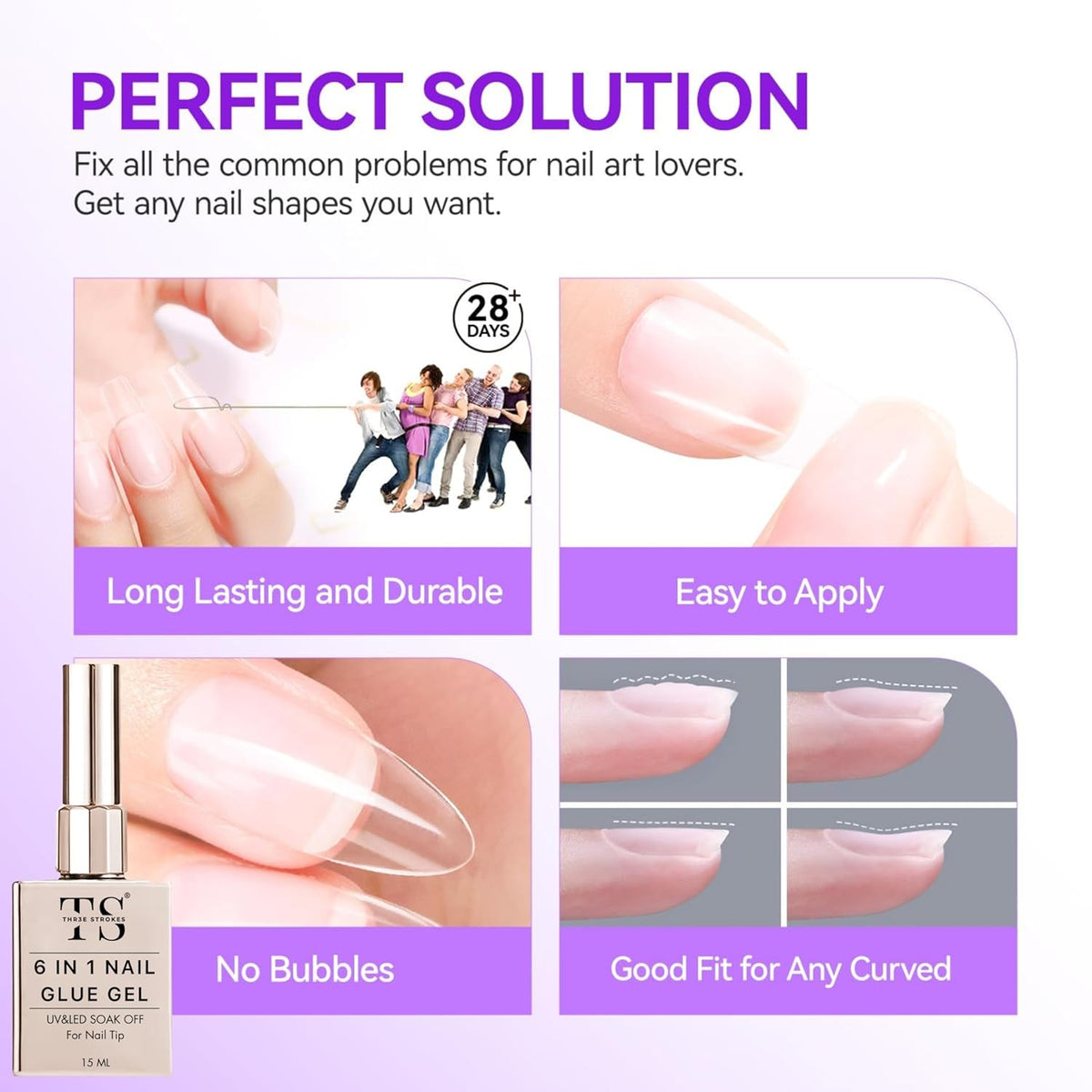 GV14 THR3E STROKES Gel Nail Glue UV - 6 in 1 Gel Glue for Nail Tips Need UV Light, Strong Adhesive for Press on Nails Acrylic Tips (UV MACHINE REQUIRED)(THICK FORMULA)