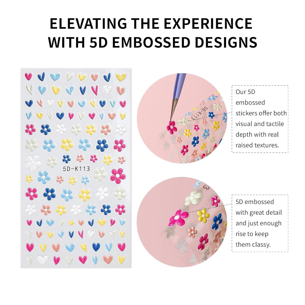 GV92 THR3E STROKES Flower Nail Art Stickers, 5D Embossed Nail Decals Nail Art Design Self Adhesive Nail Supplies with Nail Tweezer, Colorful Flower Nail Stickers for Women Manicure Decoration