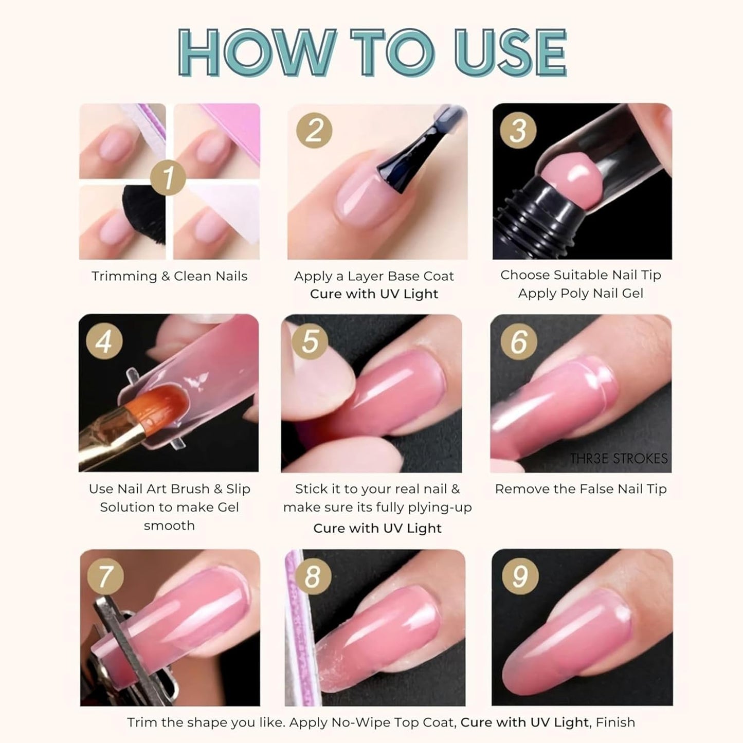 NP72 THR3E STROKES Poly Extension Gel Nail Kit, Clear Nude Pink Builder Nail Gel Kit With Slip Solution Dual Nail forms, Nail Clips for Poly Gel, Nail Starter Kit, Home Manicure Set (EMERALD KIT)