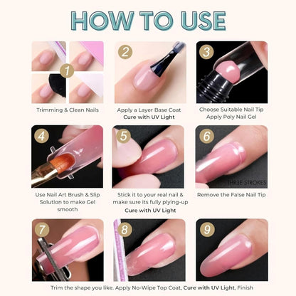 NP72 THR3E STROKES Poly Extension Gel Nail Kit, Clear Nude Pink Builder Nail Gel Kit With Slip Solution Dual Nail forms, Nail Clips for Poly Gel, Nail Starter Kit, Home Manicure Set (EMERALD KIT)