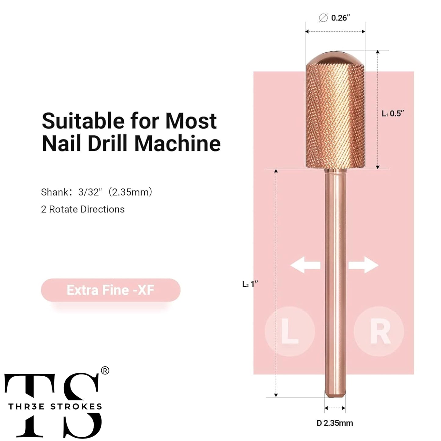 GV67 THR3E STROKES Nail Drill Bits, 3/32'' Smooth Round Top Large Barrel Carbide Bits, Suitable for Manicure Pedicure Cuticle Gel Polishing, Beginners Bits, Rose Gold, Series Bit (Extra Fine-XF, ROSE GOLD)