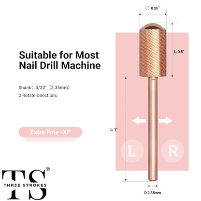 GV67 THR3E STROKES Nail Drill Bits, 3/32'' Smooth Round Top Large Barrel Carbide Bits, Suitable for Manicure Pedicure Cuticle Gel Polishing, Beginners Bits, Rose Gold, Series Bit (Extra Fine-XF, ROSE GOLD)