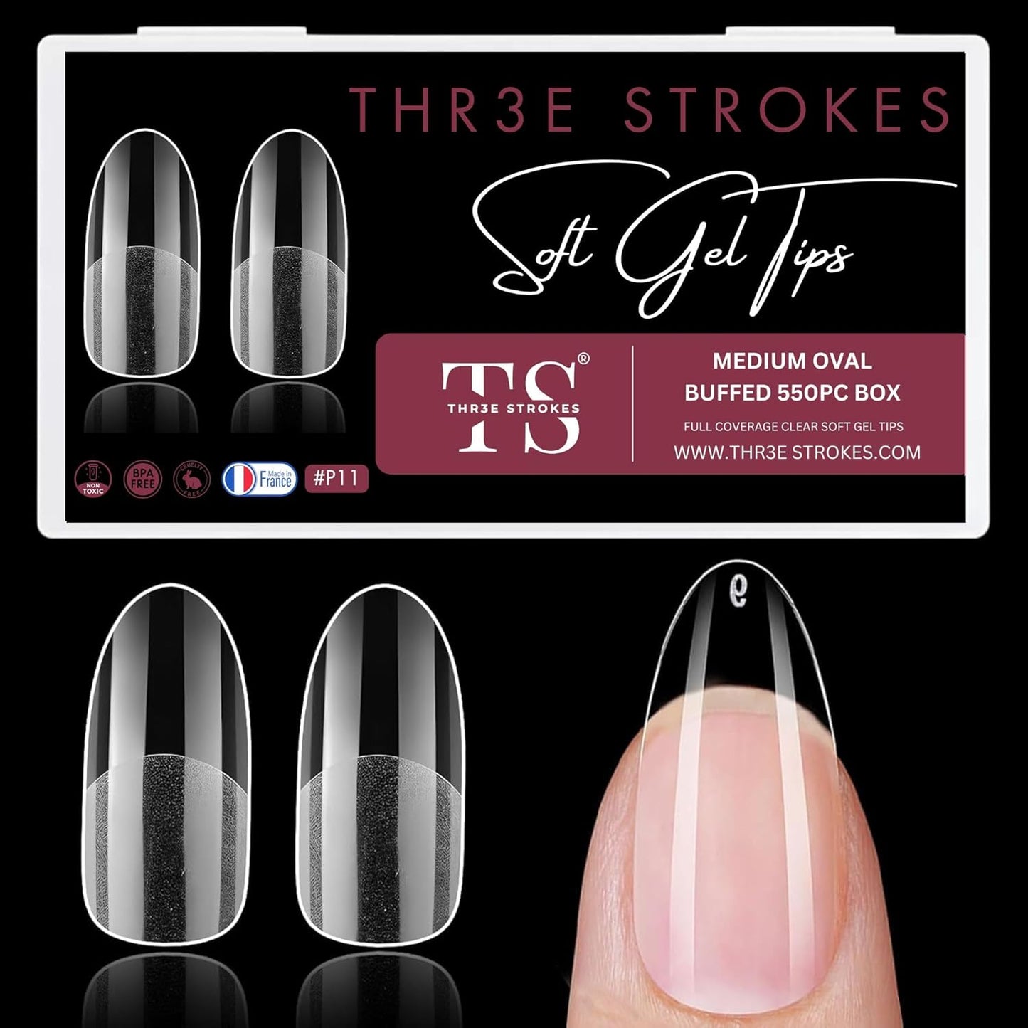 GV35 THR3E STROKES Soft Gel NailTips, Full Cover Clear Soft Nail Tips for Artificial FalseNails Extension Nail Salons DIY NailArt with Box, 550PCS (MEDIUM OVAL P11)
