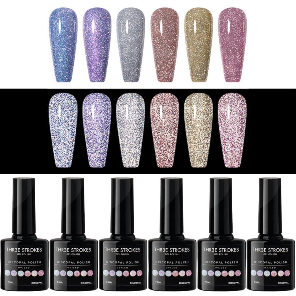 NP42 THR3E STROKES Gel Nail Polish Set - 6 Colors Gel Polish Glitter Gel Polish Sparkle Nail Polish Gel Manicure DIY Salon Nail Art Gifts