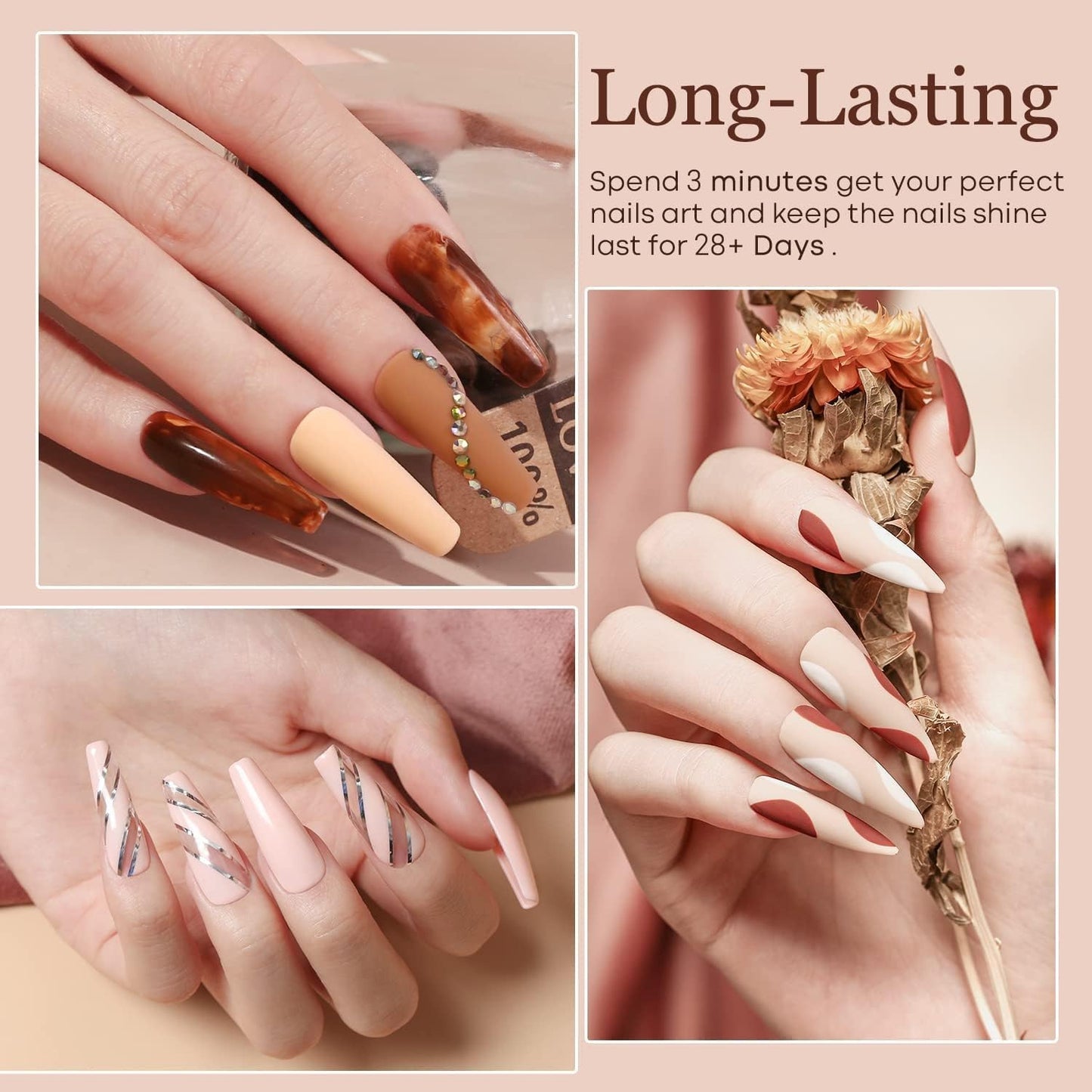 NP286 THR3E STROKES 12 Colors Fall & Winter Gel Nail Polish Set, Autumn Pink, Brown, White, DIY Salon Quality, UV Lamp Required