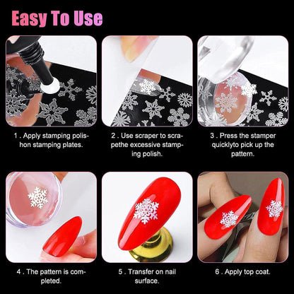 GV83 THR3E STROKES Nail Stamping Transparent Silicone Head Clear Jelly Nail Art Stamping Stamper with A Lid Big Cap Scraper Image Plate Manicure Tools DIY Polish Kit with Matte Handle