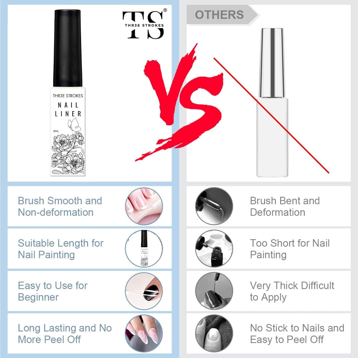 GV110 THR3E STROKES Gel Nail Polish Liner Set 8ML, Color Nail Art Winter French Polish White Black for French Tip Swirl Draw Nail Soak Off UV Curing Built Thin Brush Manicure Set For Salon DIY (White)