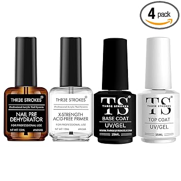 NP14 THR3E STROKES Nail Dehydrator and Primer with Gel Base & Top Coat Set, Acid Free Acrylic Nail Supplies Primer Glossy Gel Nail Polish Top Coat Starter Kit (MACHINES SE SIKHENGI)(UV LAMP REQUIRED) 15ML X 4