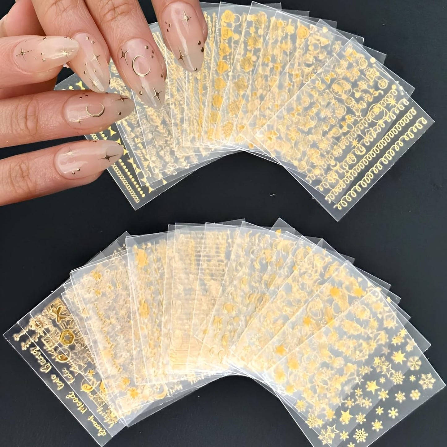GV102 THR3E STROKES 30 Sheets Gold Nail Art Stickers 3D Self-Adhesive Nail Decals Gold Line Star Nail Stickers for Acrylic Nails Gold Leaf Diamond Nail Supplies for Women