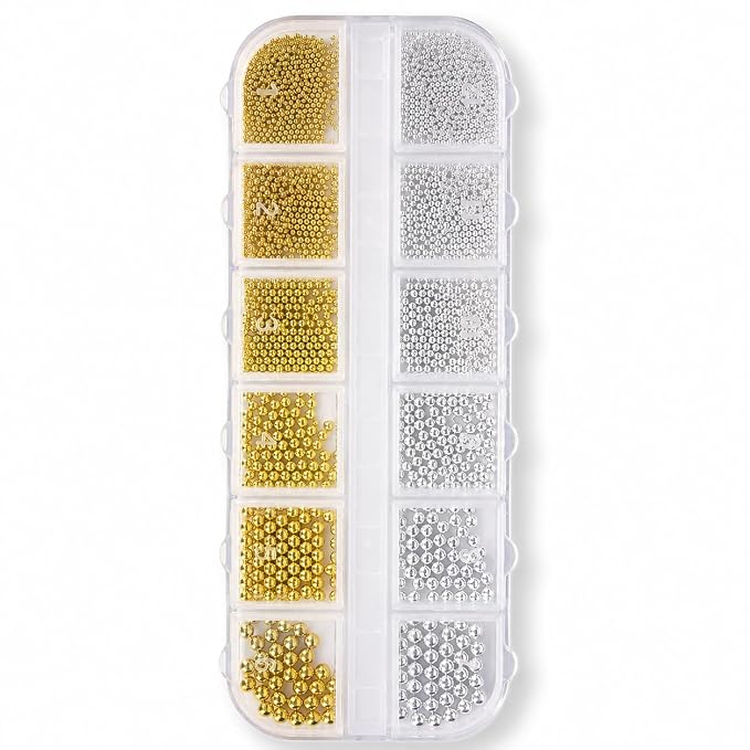 GV1224 12-Grid Gold & Silver Metallic Caviar Micro Beads Set - Clear Storage Organizer Box with 6 Size Grids of Gold & Silver Steel Micro Ball Studs for Gel Polish, Acrylic Nails & 3D Art