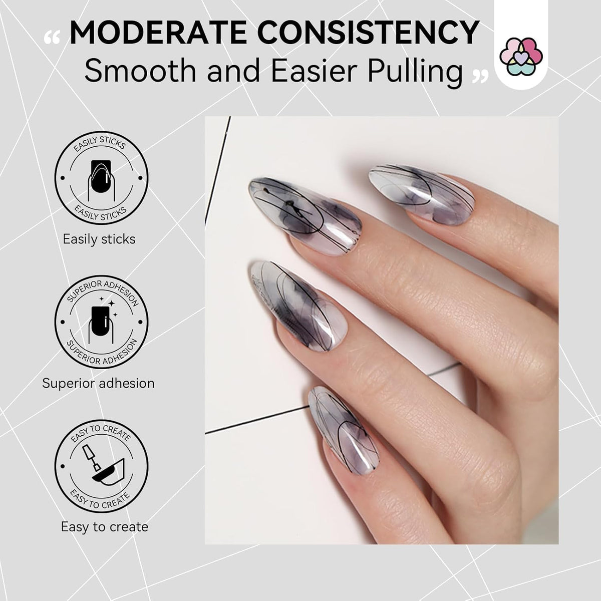 NP329 Bolt Bee Professional Spider Gel (10g, Black #2) - Elastic Stretchy Matrix Painting Gel for Straight Lines & Geometric Nail Art Design